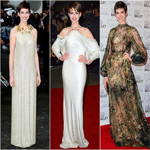Anne Hathaway in Gucci, Givenchy, and Valentino