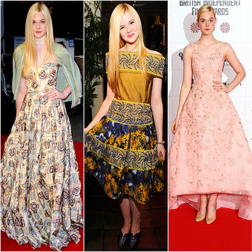 Elle Fanning in Rochas, Rodarte, and Oscar de la Renta