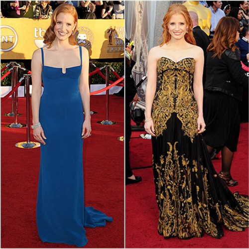 Jessica Chastain in Calvin Klein and Alexander McQueen