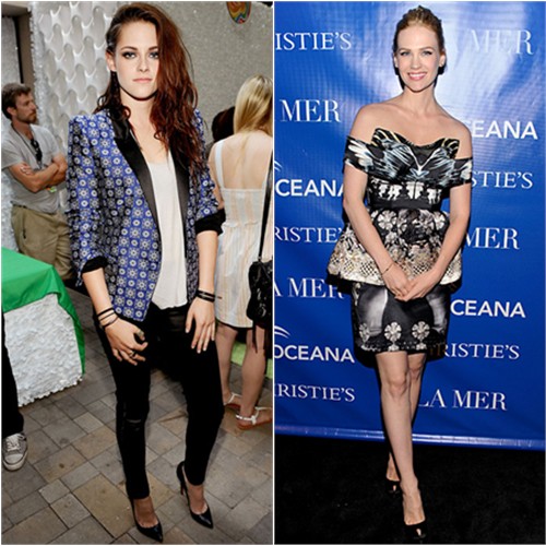 Kristen's jacket and pants by Roberto Cavalli, shoes by Christian Louboutin; January's dress by Mary Katrantzou, shoes by Sergio Rossi