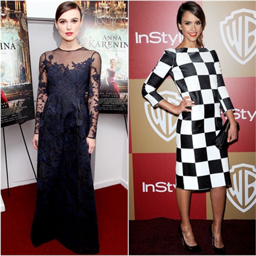 Keira's gown by Valentino; Jessica's dress by Louis Vuitton, shoes by Casadei