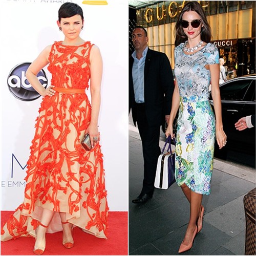 Ginnifer's gown by Monique Lhuillier, purse by Judith Leiber, shoes by Christian Louboutin; Miranda's top and skirt by Erdem, sunglasses by Miu Miu, purse by Prada