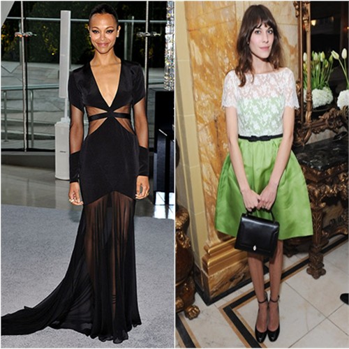 Zoe's gown and shoes by Prabal Gurung; Alexa's dress and shoes by Valentino, purse by Anya Hindmarch