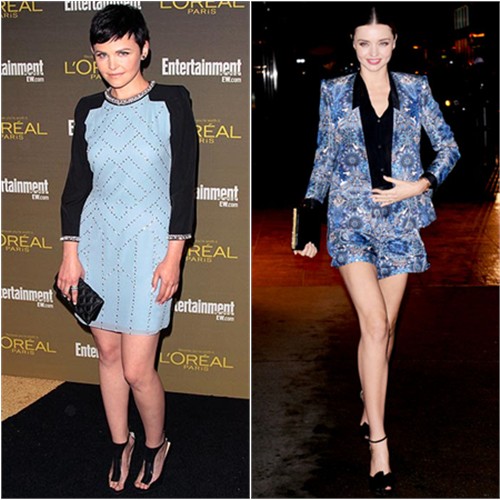 Ginnifer's dress by Jenny Packham, purse by Marc Jacobs, shoes by Jimmy Choo; Miranda's jacket, top, and shorts by Helmut Lang, purse by Gucci, shoes by Tabitha Simmons