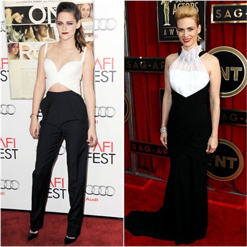 Kristen's top and pants by Balenciaga, shoes by Christian Louboutin; January's gown by Prabal Gurung