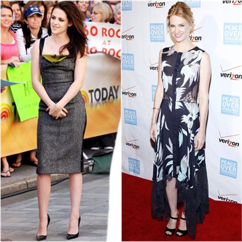 Kristen's dress by Narciso Rodriguez, shoes by Christian Louboutin; January's dress by Wes Gordon, shoes by Rupert Sanderson