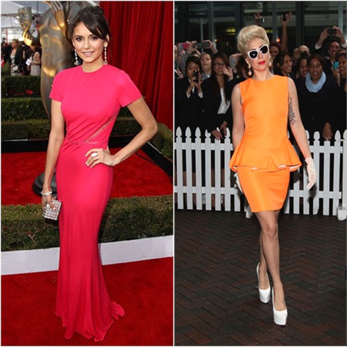 Nina's gown by Elie Saab, purse by Judith Leiber, shoes by Jimmy Choo; Gaga's dress by Antonio Berardi, shoes by Christian Louboutin