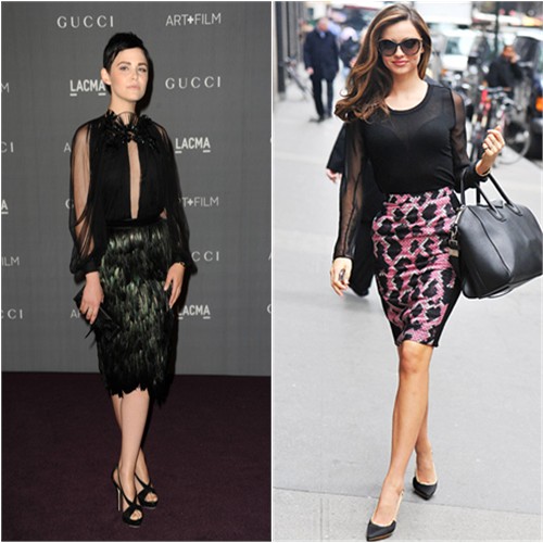 Ginnifer's dress by Gucci; Miranda's top by Phillip Lim, skirt by Balenciaga, sunglasses by Linda Farrow, purse by Givenchy, shoes by Lanvin