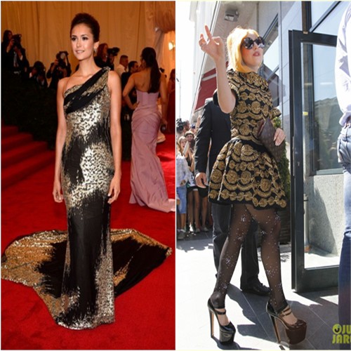 Nina's gown by Donna Karan; Gaga's dress by Moschino, purse by Louis Vuitton, shoes by Brian Atwood