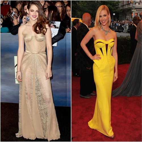 Kristen's gown by Zuhair Murad, shoes by Jimmy Choo; January's gown by Versace