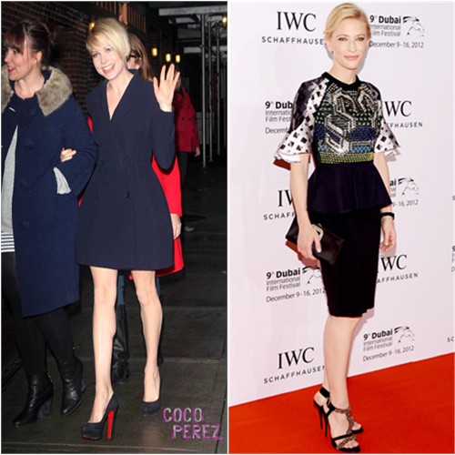 Michelle's dress by Christian Dior, shoes by Christian Louboutin; Cate's dress by Peter Pilotto, purse and shoes by Roger Vivier