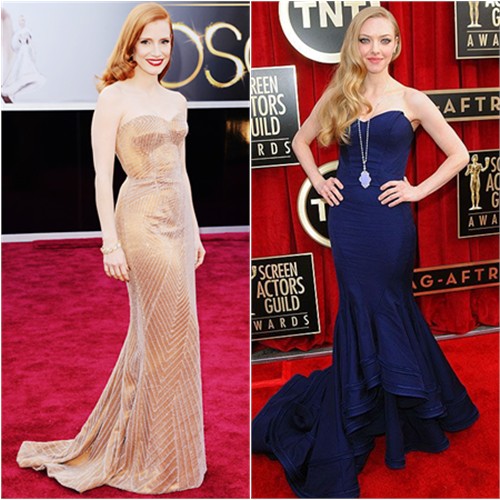 Jessica's gown by Giorgio Armani, shoes by Christian Louboutin; Amanda's gown by Zac Posen