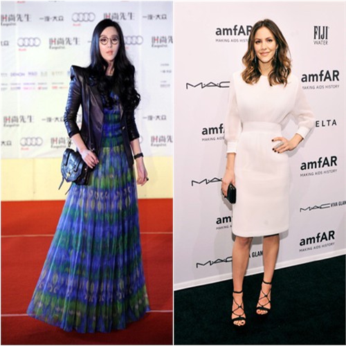 Fan's jacket by Balmain, gown by Tadashi Shoji; Katharine's dress by Theyskens' Theory