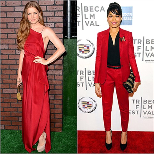 Amy's gown by Roksanda Ilincic, purse by Fred Leighton, shoes by Casadei; Freida's suit and shoes by Gucci, purse by Fendi