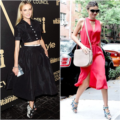 Diane's top and skirt by Rochas, purse and shoes by Chanel; Miranda's dress by A.L.C., purse by Alexander Wang, shoes by Balenciaga