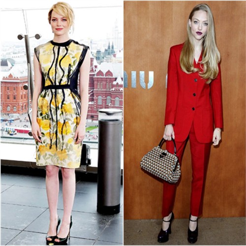 Emma's dress by Lanvin, shoes by Brian Atwood; Amanda's suit by Miu Miu, purse and shoes by Prada