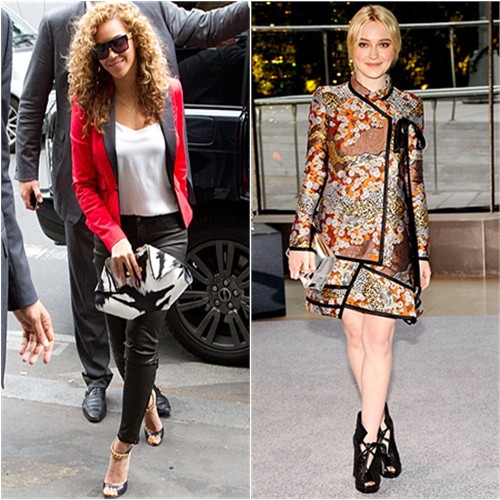 Beyonce's blazer by Dsquared2, pants by J Brand, purse by Alexander McQueen, shoes by Tom Ford; Dakota's dress and shoes by Proenza Schouler