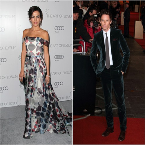 Camilla's gown by Carolina Herrera, purse by Jimmy Choo; Edde's suit by Burberry Prorsum