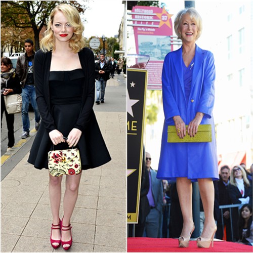 Emma's dress and purse by Miu Miu; Helen's dress and coat by Escada, purse by Lana Marks, shoes by Stuart Weitzman