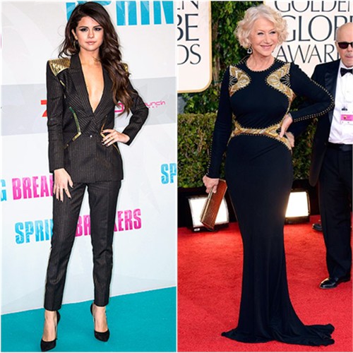 Selena's suit by Atelier Versace, shoes by Casadei; Helen's gown by Badgley Mischka