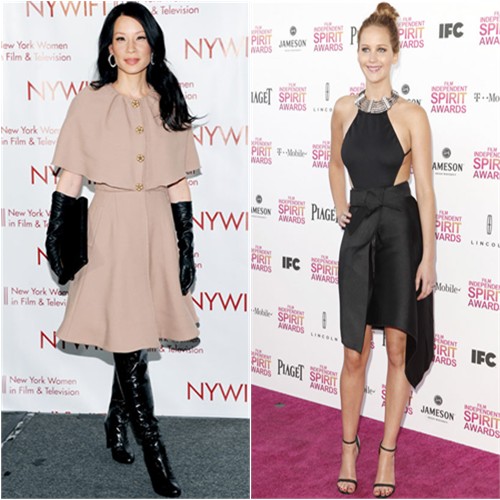 Lucy's coat by Dolce & Gabbana, shoes by Stuart Weitzman; Jennifer's dress by Lanvin, shoes by Giuseppe Zanotti