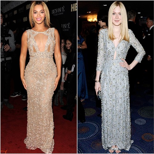 Beyonce's gown by Elie Saab; Dakota's gown and purse by Prada, shoes by Giuseppe Zanotti