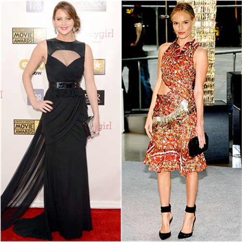 Jennifer's gown by Prabal Gurung, purse by Roger Vivier, shoes by Jimmy Choo; Kate's dress by Altuzarra, shoes by Gianvito Rossi for Altuzarra