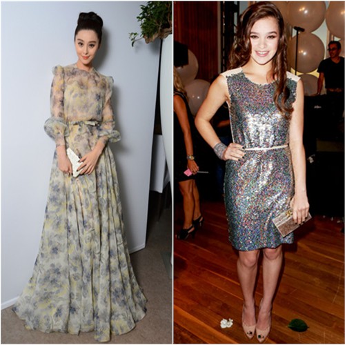 Fan's gown by Valentino, purse by Salvatore Ferragamo; Hailee's dress by Erin by Erin Fetherston, purse by Edie Parker
