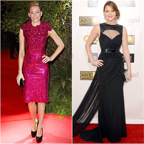 Elizabeth's dress by Marc Jacobs, shoes by Walter Steiger; Jennifer's gown by Prabal Gurung, purse by Roger Vivier