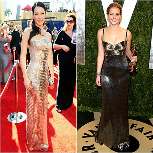 Lucy's gown by Versace, purse by Giuseppe Zanotti; Jennifer's gown by Calvin Klein