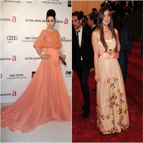 Fan's gown by Elie Saab, purse by Roger Vivier; Hailee's gown by Miu Miu