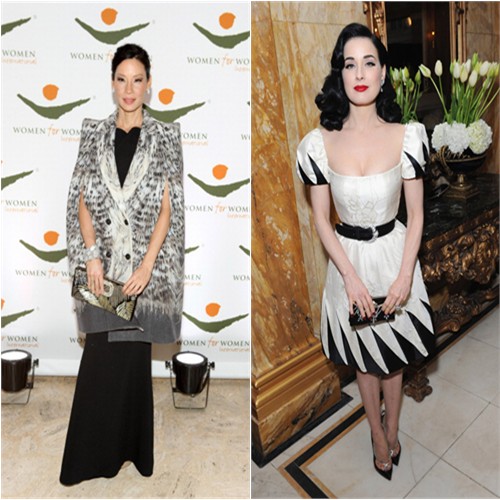 Lucy's coat by Roberto Cavalli, gown by Roland Mouret, purse by Roger Vivier; Dita's dress by Valentino, shoes by Christian Louboutin