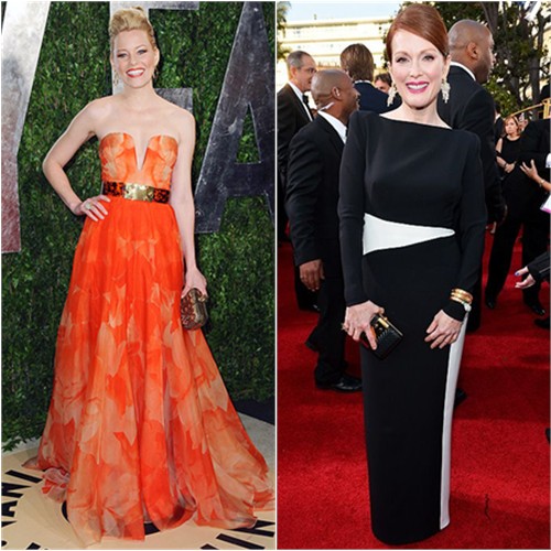 Elizabeth's gown and purse by Alexander McQueen; Julianne's gown by Tom Ford