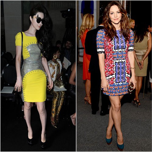 Fan's dress, purse, and shoes by Versace; Katharaine's dress by Peter Pilotto, purse by R&Y Augostini, shoes by Charlotte Olympia