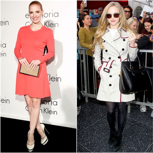 Jessica's dress by Calvin Klein, shoes by Elie Saab; Amanda's coat by Burberry, purse by Alexander McQueen