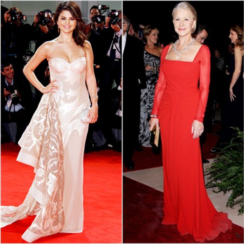 Selena's gown by Atelier Versace, purse by Judith Leiber; Helen's gown by Escada, purse by Tory Burch