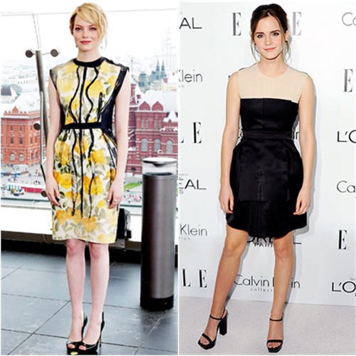 Stone's dress by Lanvin, shoes by Brian Atwood; Watson's dress by Calvin Klein