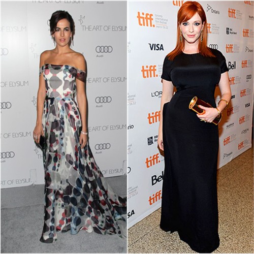 Camilla's gown by Carolina Herrera, purse by Jimmy Choo, shoes by Casadei; Christina's gown by Ports 1961, purse by Jimmy Choo