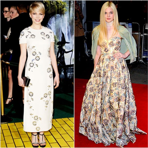 Michelle's gown and shoes by Prada, purse by Kate Young for Target; Elle's gown and sweater by Rochas