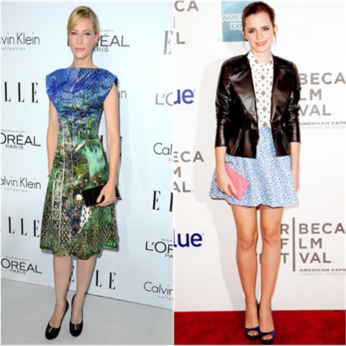 Cate's dress by Proenza Schouler, purse and shoes by Roger Vivier; Emma's jacket, dress, purse, and shoes by Miu Miu
