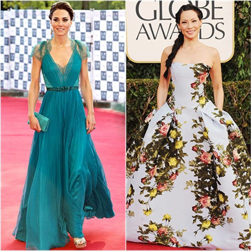 Duchess Kate's gown and purse by Jenny Packham, shoes by Jimmy Choo; Lucy's gown by Carolina Herrera