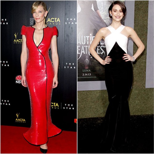 Cate's gown by Armani Priv; Emmy's gown by Andrew Gn, shoes by Giuseppe Zanotti