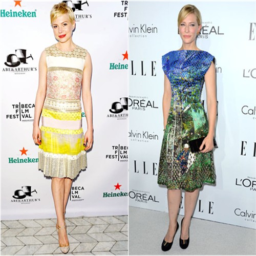 Michelle's dress by Giambattista Valli; Cate's dress by Proenza Schouler, purse and shoes by Roger Vivier