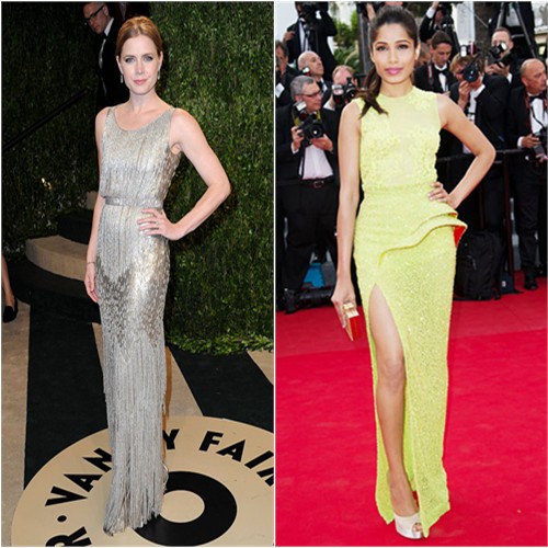 Amy's gown by Oscar de la Renta; Freida's gown by Atelier Versace, purse and shoes by Salvatore Ferragamo