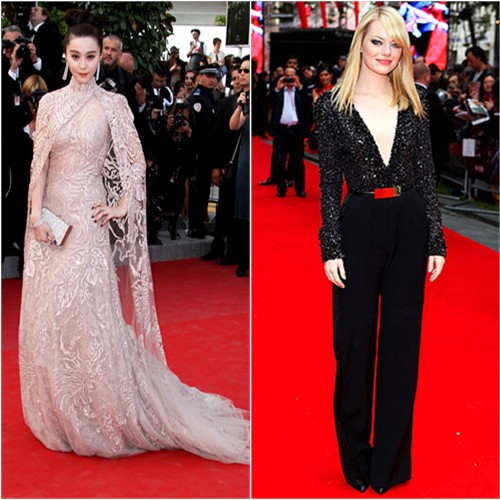 Fan's gown and Emma's jumpsuit by Elie Saab, Fan's purse by Salvatore Ferragamo