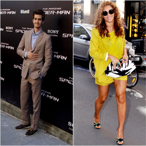 Andrew's suit by Band of Outsiders; Beyonce's jacket, top, and shorts by Surface to Air, sunglasses by The Row, purse by Alexander McQueen, shoes by Prada