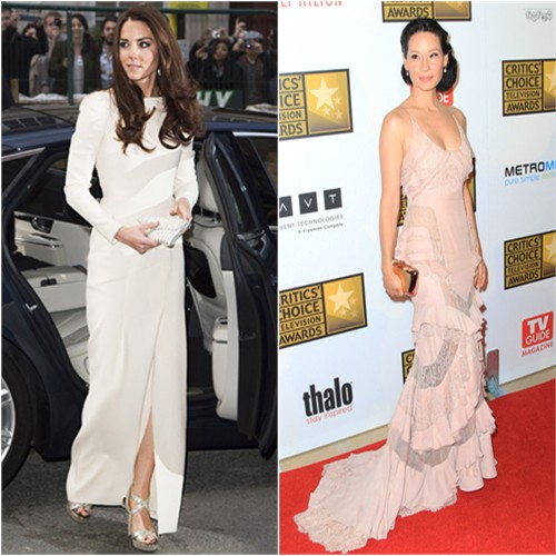 Duchess Kate's gown by Roland Mouret, purse and shoes by Jimmy Choo; Lucy's gown by Atelier Versace, purse by Roger Viver