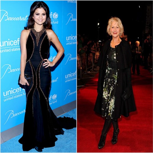 Selena's gown and Helen's dress and coat by Dolce & Gabbana; Selena's purse by Judith Leiber
