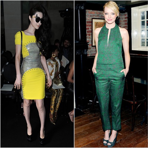 Fan's dress, purse, and shoes by Versace; Emma's top and pants by Calvin Klein