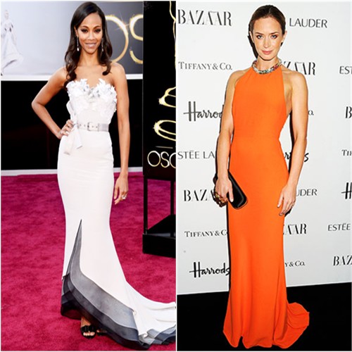 Zoe's gown by Alexis Mabille, shoes by Roger Vivier; Emily's gown and purse by Alexander McQueen